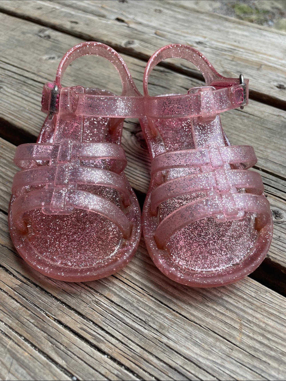 6T Toddler Girls Pink Sparkle Jelly Sandals with Velcro Buckle Straps